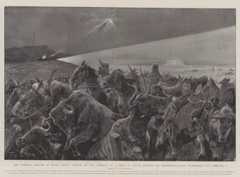 Guerillakrigsførelsen i Sydafrika, General De Wet, screenet af en flok kvæg, der skynder sig Kroonstad-Lindley Blockhouse Line, 6. februar